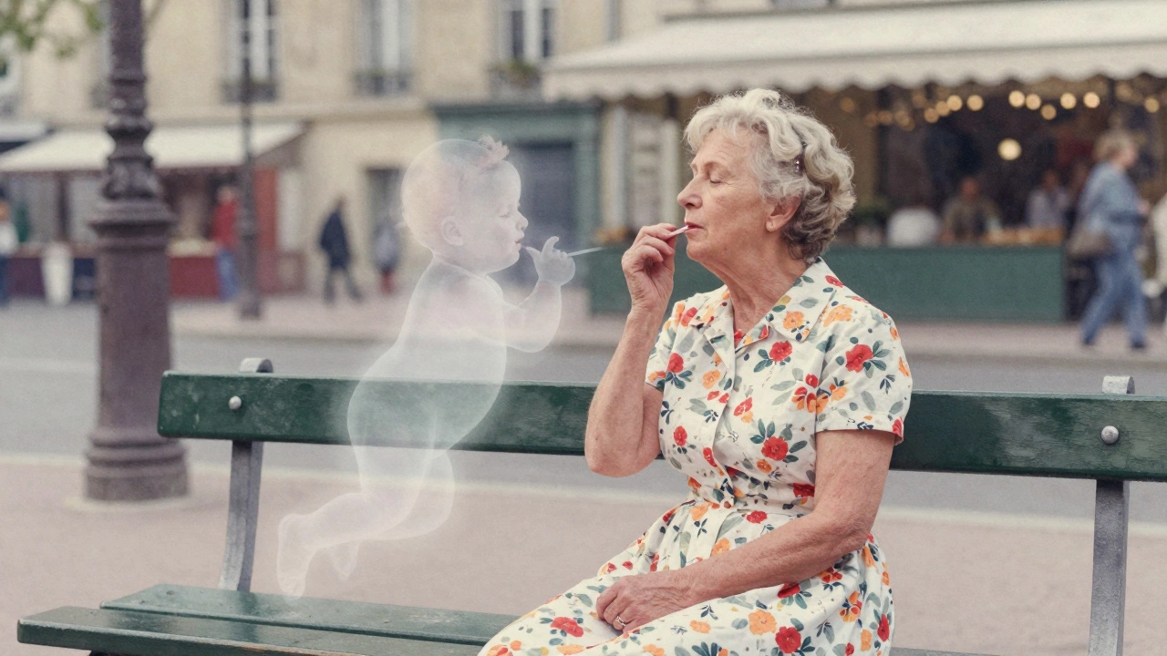 An elderly woman humming quietly at dawn near a market, with a translucent infant silhouette beside her.