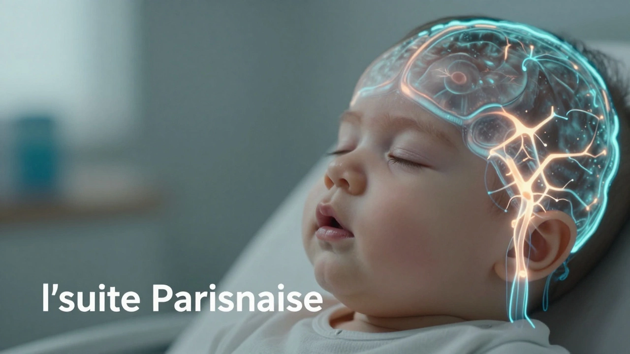 An infant’s calm face in a clinic, surrounded by faint glowing neural patterns synced to a whispered sound.